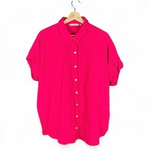 Soft Surroundings 1X Gauze Cotton Airy Button Up Casual Blouse Pink Coastal